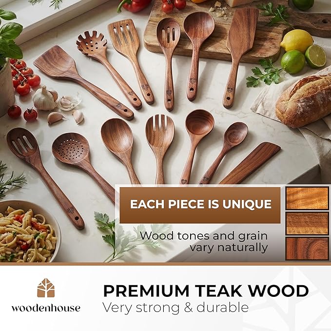 Wooden Spoons for Cooking – 13 Pcs Premium Teak Wooden Utensil Set - Durable, Safe for Nonstick Cookware, Easy to Clean & Heat Resistant Kitchen Utensils Set Wood with Ergonomic Handles - Image 2