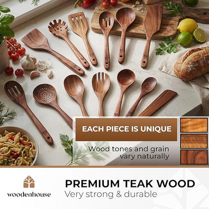 Wooden Spoons for Cooking – 13 Pcs Premium Teak Wooden Utensil Set - Durable, Safe for Nonstick Cookware, Easy to Clean & Heat Resistant Kitchen Utensils Set Wood with Ergonomic Handles - Image 2
