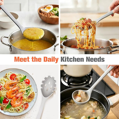 Silicone Spaghetti Spoon&Soup Ladle Cooking Utensils Set of 2,No Scratch for Nonstick Cookware,BPA Free, 450℉ Heat Resistant (GRAY) - Image 3
