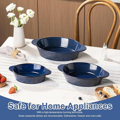 Dafuceramic Casserole Dishes for Oven Sets of 3, Ceramic Oval Baking Dish, Au Gratin Baking Pans with Handles for Roasting, Lasagna, Pie, Baking Meat & Vegetables, Blue - Image 4