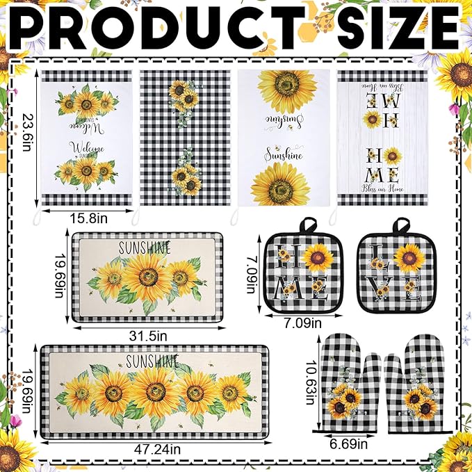 Fourluoo 10 Pcs Sunflower Kitchen Decor 4 Black and White Buffalo Plaid Dish Towels 2 Buffalo Check Pot Holders 2 Rustic Sunflower Oven Mitts 2 Yellow Rugs for Cooking Baking Mom Housewarming Gift - Image 3