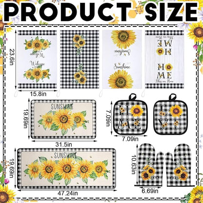 Fourluoo 10 Pcs Sunflower Kitchen Decor 4 Black and White Buffalo Plaid Dish Towels 2 Buffalo Check Pot Holders 2 Rustic Sunflower Oven Mitts 2 Yellow Rugs for Cooking Baking Mom Housewarming Gift - Image 3