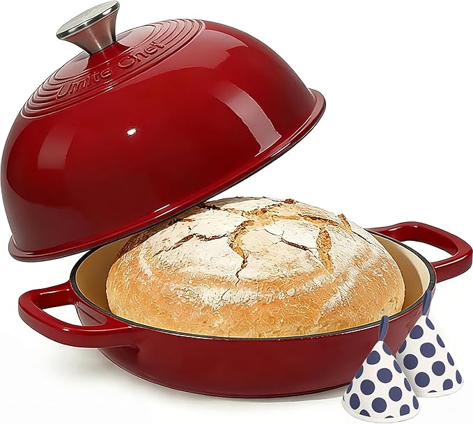 Enamelled Cast Iron Dutch Oven Pot – Dutch Oven Pot with Lid For Sourdough Bread Baking – Cast Iron Bread Oven – Red, Umite Chef 6QT Pot with Lid & Cotton Potholders by UmiteChef