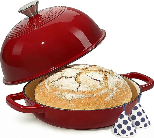 Enamelled Cast Iron Dutch Oven Pot – Dutch Oven Pot with Lid For Sourdough Bread Baking – Cast Iron Bread Oven – Red, Umite Chef 6QT Pot with Lid & Cotton Potholders by UmiteChef