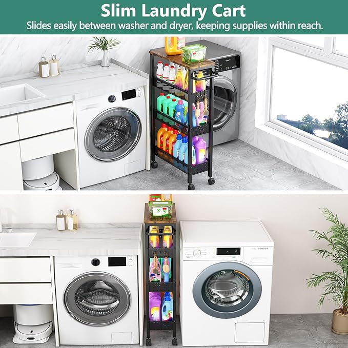 Vivihomety Utility Slim Storage Cart with Wheels, 4 Tier Small Rolling Cart with Wood Top, Metal Kitchen Bathroom Laundry Room Organization Trolley with Handle for Narrow Space – Black - Image 2