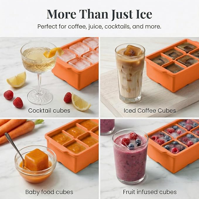 KitchFort Large Silicone Ice Cube Tray (2-Pack), Easy Release 2" Big Ice Cubes - Cocktail, Whiskey Ice Cubes Mold - Ice Trays for Freezer with Lid - Stackable Silicone Ice Tray - Orange - Image 7