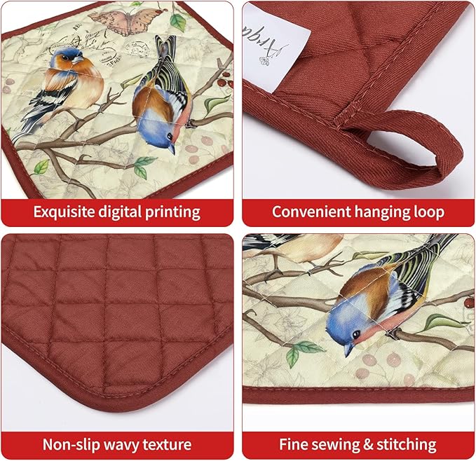 Vintage Bird Oven Mitts and Pot Holders Sets 2Pcs, 100% Cotton Heat Resistant, Extra Long Oven Gloves Potholder for Kitchen Cooking Baking Decoration, Housewarming Gifts for Mom - Image 3