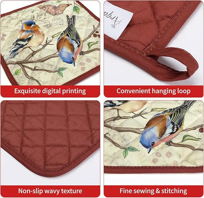 Vintage Bird Oven Mitts and Pot Holders Sets 2Pcs, 100% Cotton Heat Resistant, Extra Long Oven Gloves Potholder for Kitchen Cooking Baking Decoration, Housewarming Gifts for Mom - Image 3