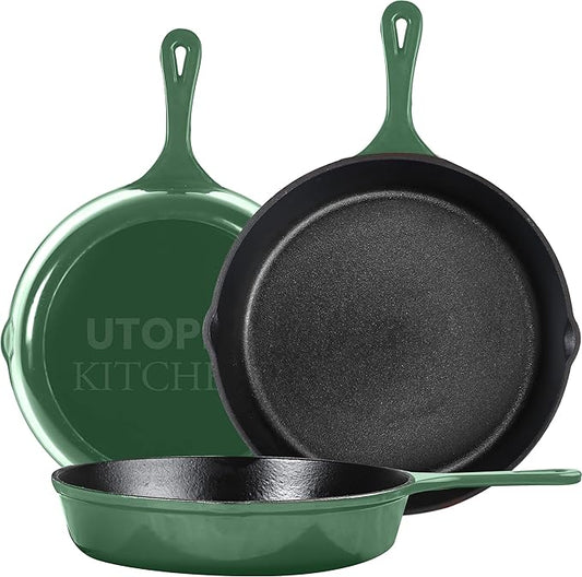 Utopia Kitchen Cast iron Skillets 3 Piece Set, Chefs Pan, Pre Seasoned Cast iron Skillets, 6, 8 & 10 Inches, Easy Use in the Oven, Stove, Grill, or Campfire, Green by UTOPIAKITCHEN