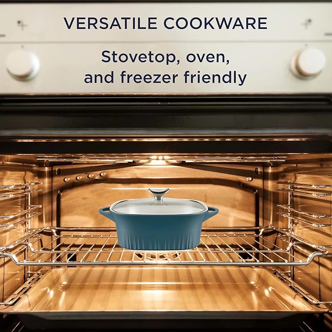 CorningWare QuickHeat 3.2-QT Cast Aluminum Roaster With Lid & Non-Stick Ceramic Interior, Lightweight and Fast Even Heat Baking & Cooking, For Meats, Soup, Browning, Searing, French Navy