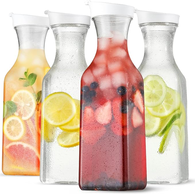Plastic 4 Pack Large 50 Oz Water Carafe with Flip Top Lid, Square Base Juice Containers, Clear Plastic Pitcher - for Water, Iced Tea, Juice, Lemonade, Milk, Cold Brew and Mimosa Bar - HAND WASH ONLY by NETANY