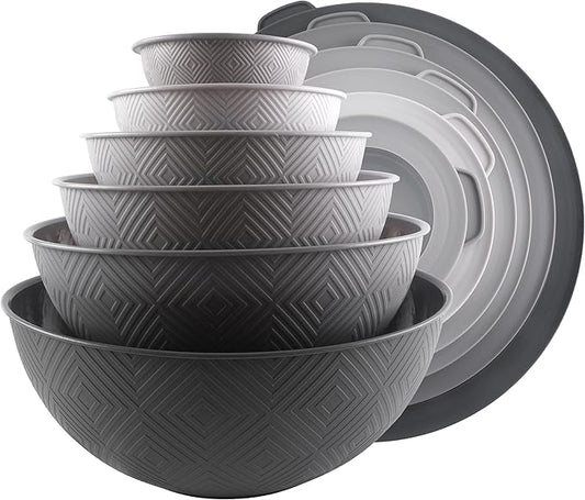 COOK WITH COLOR Mixing Bowls with Lids - 12 Piece Plastic Nesting Bowls Set includes 6 Prep Bowls and 6 Lids, Microwave Safe Mixing Bowl Set, Grey Rhombus by CookwithColor