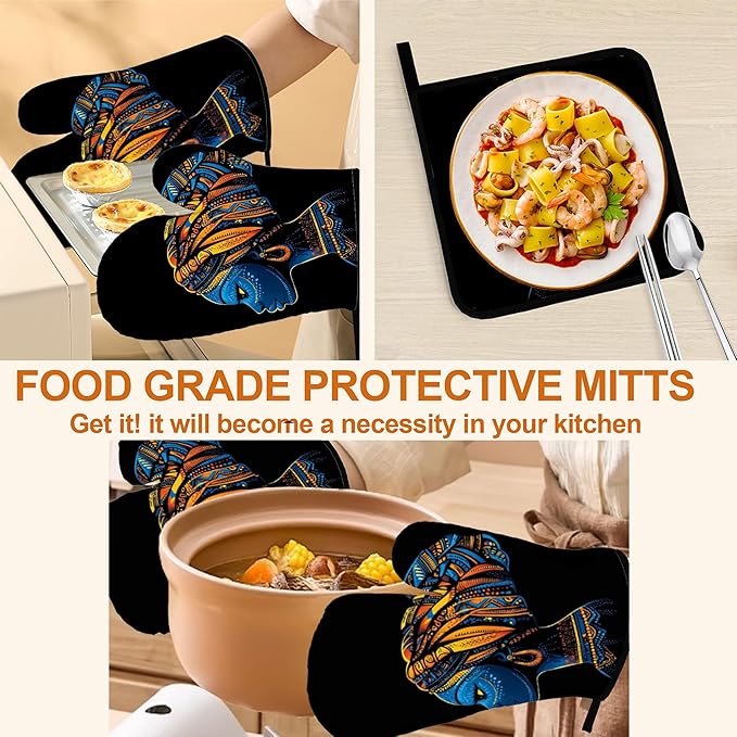 Black Women Oven Mitts & Potholder Set of 4 - Heat Resistant Kitchen Gloves Hot Pads for Baking, Cooking, Gifts for Women