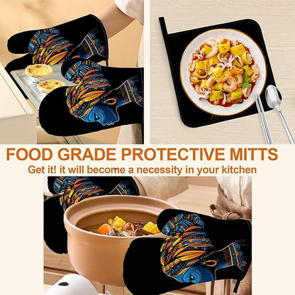 Black Women Oven Mitts & Potholder Set of 4 - Heat Resistant Kitchen Gloves Hot Pads for Baking, Cooking, Gifts for Women