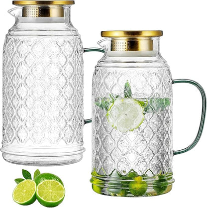 Buaic Glass Pitcher with Lid, 2 PACK 84 oz/2.5L Liter Vintage Water Pitcher, Clear Borosilicate Glass Water Carafe for Cold Brew, Coffee, Lemonade, Iced Tea,Beverage, Heat Resistant by Buaic
