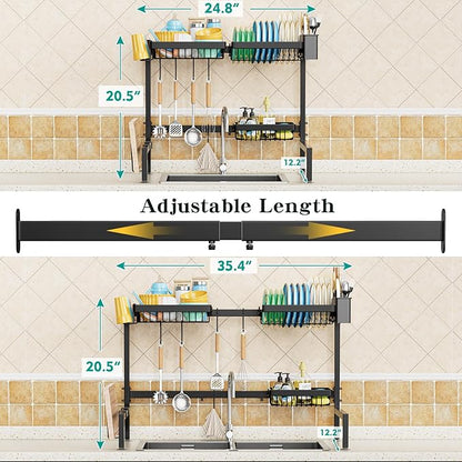 YKLSLH Over The Sink Dish Drying Rack 2 Tiers, for All Sinks (26.57"-35"),Expandable Large Capacity Sink Rack, Metal Drying Rack for Kitchen and Family Use - Image 4