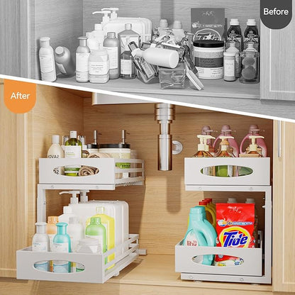 Under Sink Organizer, 2 Tier Under Sink Organizers and Storage, Adjustable Height, Slide out Metal Cabinet Organizers, Pull out Cabinet Storage Drawer Shelf for Kitchen Bathroom (White, 2 Pack) - Image 3
