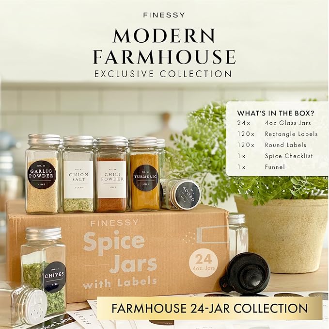 FINESSY Glass Spice Jars with Labels with Metal Lids and Shakers 24 Pack Set, 4oz Small Empty Air Tight Spice Containers with Labels, Clear Seasoning Containers Herb Bottles Kitchen Storage Organizer - Image 3