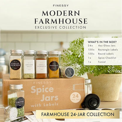 FINESSY Glass Spice Jars with Labels with Metal Lids and Shakers 24 Pack Set, 4oz Small Empty Air Tight Spice Containers with Labels, Clear Seasoning Containers Herb Bottles Kitchen Storage Organizer - Image 3