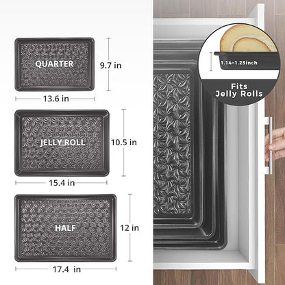 HONGBAKE Nonstick Baking Sheet Pan Set of 3, Cookie Sheets for Oven, Non-Toxic Half/Quarter/Jelly Roll Pans with Floral Swirl Texture, Heavy Duty 0.8mm Thick Oven Trays for Cooking, Dark Gray - Image 8
