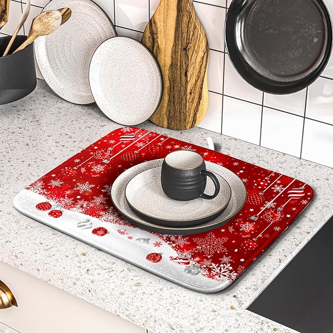 Giwawa Xmas Balls Dish Drying Mat for Kitchen Countertop Winter Red White Snowflakes Dish Drainer Mats 16x18inch Reversible Dish Drying Rack Pad Protector for Dining Holiday New Year Decor