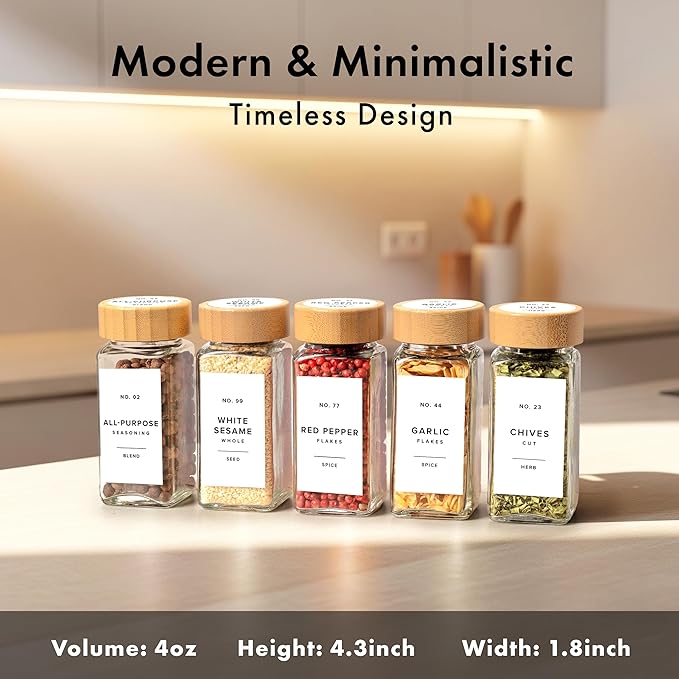 EDELHAUS® Square Spice Jars with Bamboo Wooden Lid (Pack of 24) Spice Jars with Shaker Insert and 240 Labels - Bamboo Lid Glass Container for Spice Organisation [4.3 in × 1.8 in] - Image 2