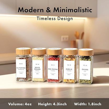 EDELHAUS® Square Spice Jars with Bamboo Wooden Lid (Pack of 24) Spice Jars with Shaker Insert and 240 Labels - Bamboo Lid Glass Container for Spice Organisation [4.3 in × 1.8 in] - Image 2