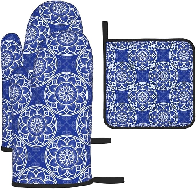 Chinoiserie Blue and White Floral Oven Mitts and Pot Holders Sets of 3, Heat Resistant Non-Slip Boho Kitchen Gloves for Baking Cooking Grilling, Navy Blue Hot Pads for Kitchen Decor, Gifts for Women by Unknown