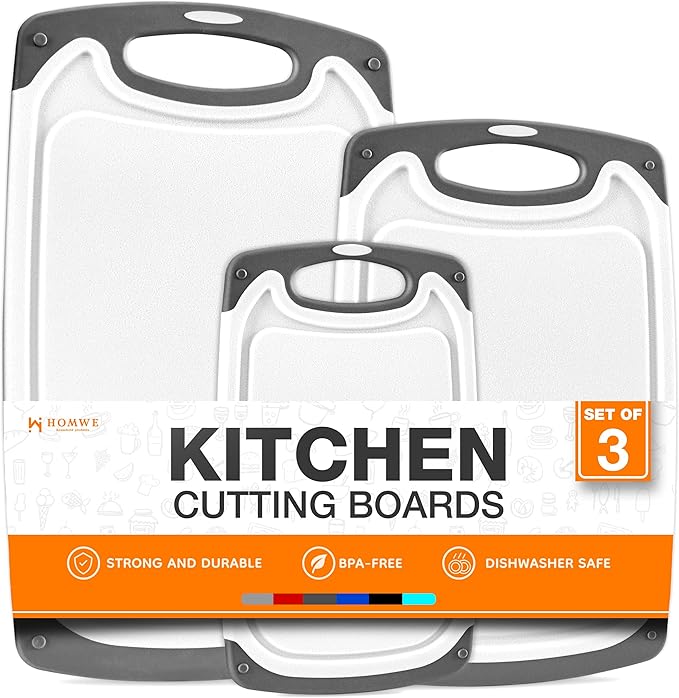 Cutting Boards for Kitchen - BPA-Free Chopping Board - Different Sizes & Non Slip Handles - Reversible, Large Cutting Board Set - Unique Gifts for Cooks Who Have Everything - 3-Pack Gray/Gray by HOMWE