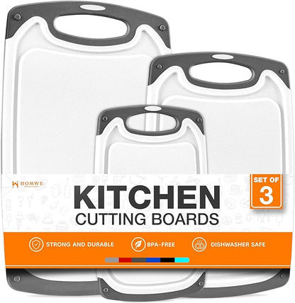 Cutting Boards for Kitchen - BPA-Free Chopping Board - Different Sizes & Non Slip Handles - Reversible, Large Cutting Board Set - Unique Gifts for Cooks Who Have Everything - 3-Pack Gray/Gray by HOMWE