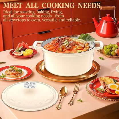 Enameled Cast Iron Dutch Oven - 5QT Dutch Oven Pot with Crab Lid & Oversized Knob & Ergonomic Handles - Heavy Duty Cookware for Braising, Stews, Roasting, Bread Baking - Cream White - Image 7