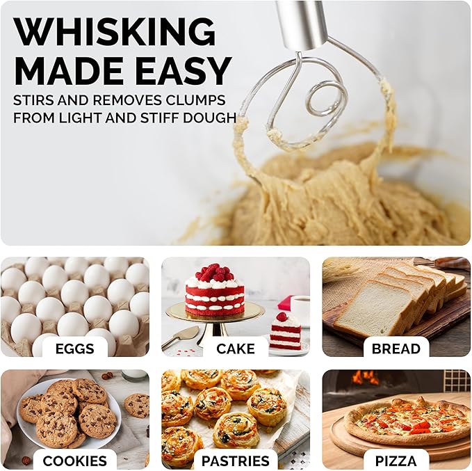 Zulay Kitchen 13-Inch Danish Dough Whisk - Stainless Steel Danish Whisk for Cooking with Dough Hook - Traditional Dutch Whisk - Bread Whisk for Sourdough, Pizza, Pastry, Cake Batter - Stainless Steel - Image 4
