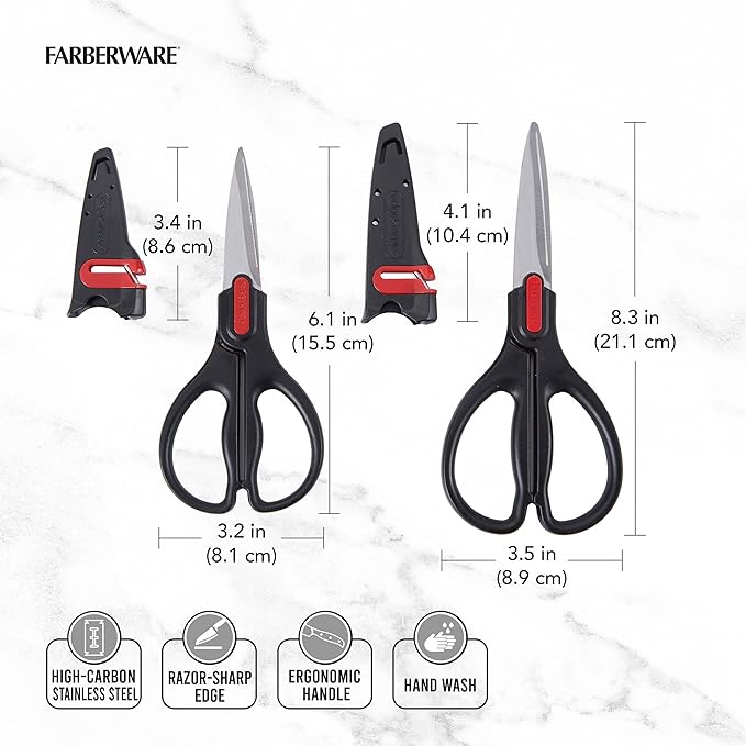 Farberware All Purpose and Utility scissors with Edgekeeper Sharpening Sheaths, Strong and Durable Multi Use Scissors, 2-Piece, Black/Red - Image 2