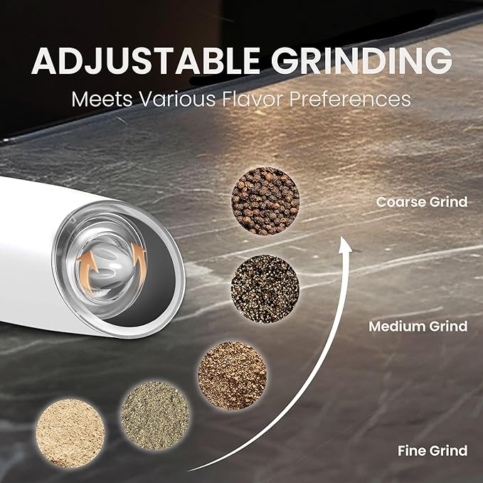 Rechargeable Salt And Pepper Grinder Set with LED Light, Automatic Electric Gravity Salt And Pepper Shakers Set, No Battery Needed, Adjustable Roughness, 2 Pack (White) - Image 3