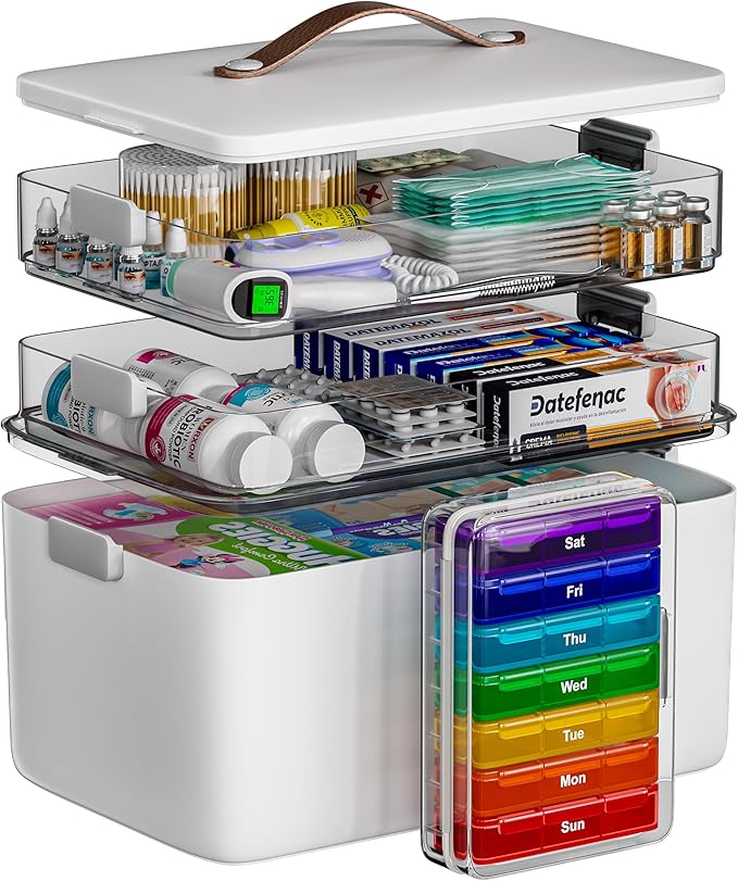CTIME 3-Tier Medicine Organizer with Pill Case - Portable Pill Case & Empty First Aid Kit for Home, Travel, RV, School, Dorm, Ideal Elderly, Father Gift by CTIME