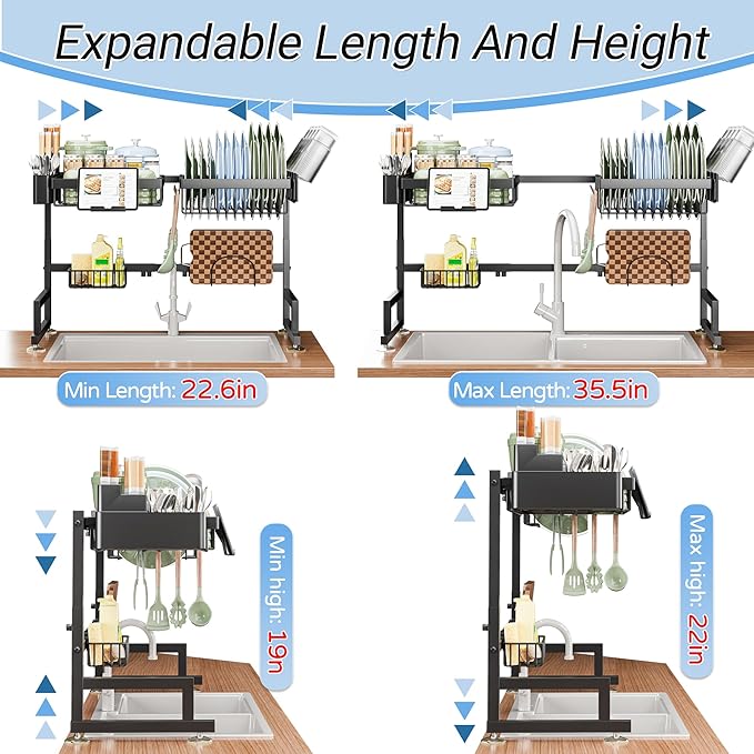 ADBIU Over The Sink Dish Drying Rack (Expandable Height and Length) Snap-On Design 2 Tier Large Dish Rack - Image 2
