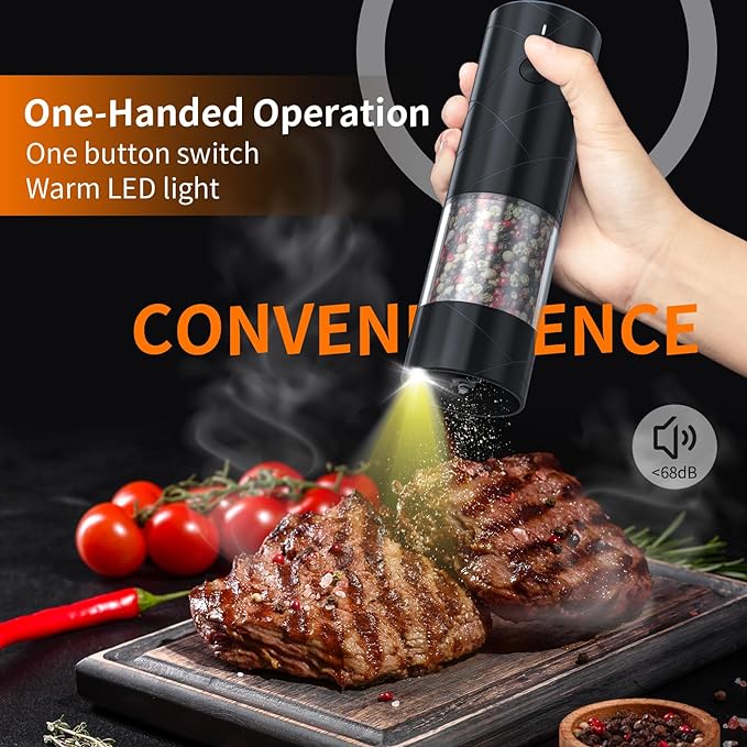 1Pc Electric Salt and Pepper Grinder USB Rechargeable with Warm LED Light, Adjustable Coarseness Lidaop Large Capacity Automatic Salt Pepper Mill Shakers for Kitchen, Restaurant, Outdoor, Black - Image 2