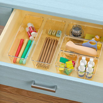 WOWBOX 12 Pack Clear Drawer Organizer Set, Acrylic Drawer Storage Trays, Storage Bins for Makeup, Cosmetics, Jewelries, Utensils, Gadgets, Office, Champagne - Image 5