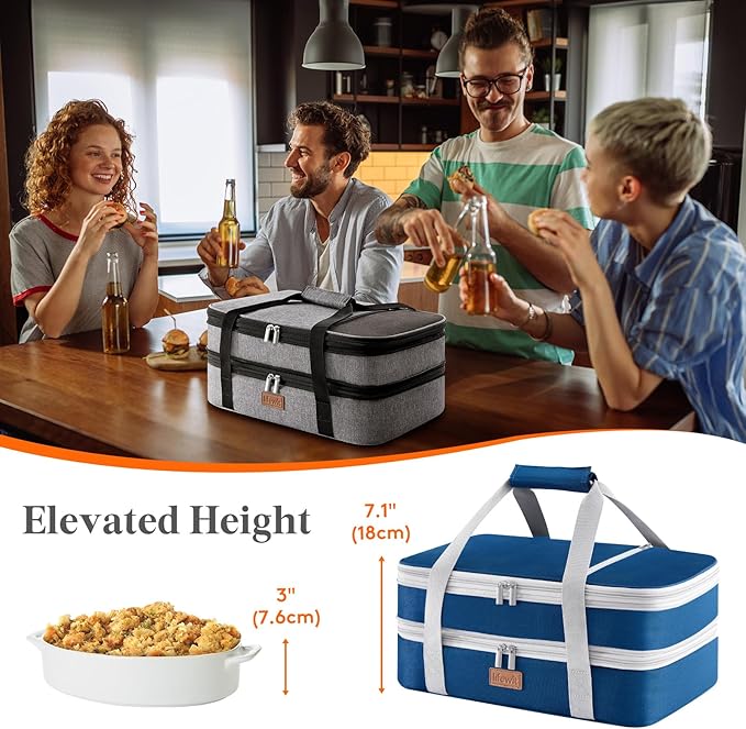 Lifewit Insulated Double Decker Casserole Carrier, Expandable Lasagna Lugger Tote Bag for Hot or Cold Food, Fits 9" x 13" Baking Dish for Potluck Parties, Picnic and Cookouts, Pure Blue