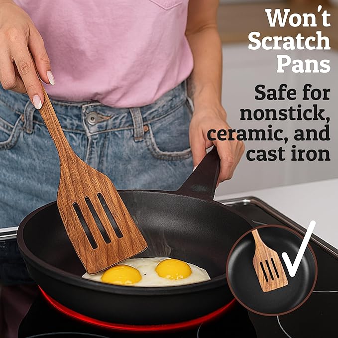 PriorityChef Teak Wooden Slotted Turner - Premium Wood Spatula for Cooking - Nonstick-Safe Kitchen Utensil - Handcrafted Wooden Turner for Flipping & Stirring