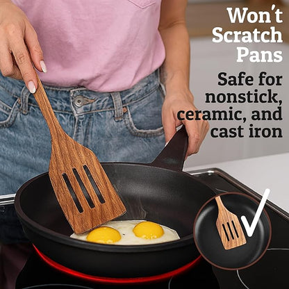 PriorityChef Teak Wooden Slotted Turner - Premium Wood Spatula for Cooking - Nonstick-Safe Kitchen Utensil - Handcrafted Wooden Turner for Flipping & Stirring
