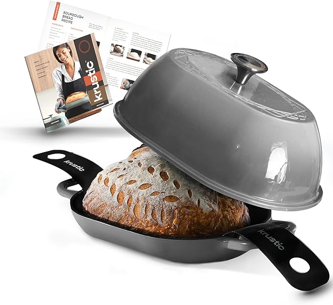 Krustic Enameled Cast Iron Dutch Oven for Professional Sourdough Bread Baking | 5.5 Quart Loaf Size Oval Cookware Pot with Lid | Triple-Layer Enamel Coating Pan with Non Stick Silicone Mat | Gray