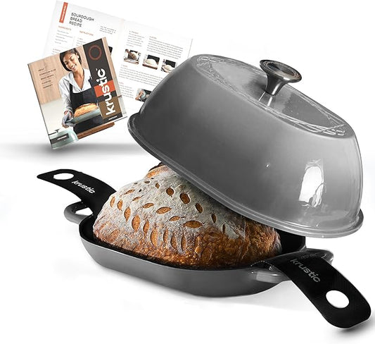 Krustic Enameled Cast Iron Dutch Oven for Professional Sourdough Bread Baking | 5.5 Quart Loaf Size Oval Cookware Pot with Lid | Triple-Layer Enamel Coating Pan with Non Stick Silicone Mat | Gray