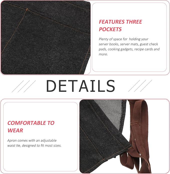 Toyvian Unisex Half Apron - Chef, Server, Waitress Denim Apron With 3 Pockets for Restaurant, Work, Home and Kitchen (Black), 60 x 29cm