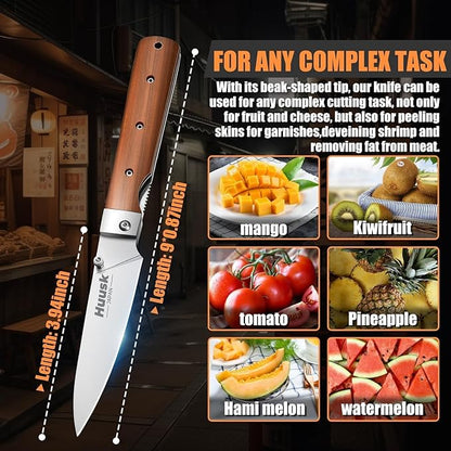 Huusk Japanese Folding Fruit Knife - Pocket Paring Knives with 440C Stainless Steel Ultra Sharp Blade, Portable Kitchen Knives, Christmas Gift for Men and Women