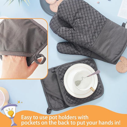 4 Pcs Oven Mitts and Pot Holders,High Heat 500°F Resistant Glove Potholder with Thick Cotton,Silicone Non-Slip Surface Long Kitchen Oven Glove for Cooking Baking Grilling(Grey) - Image 5
