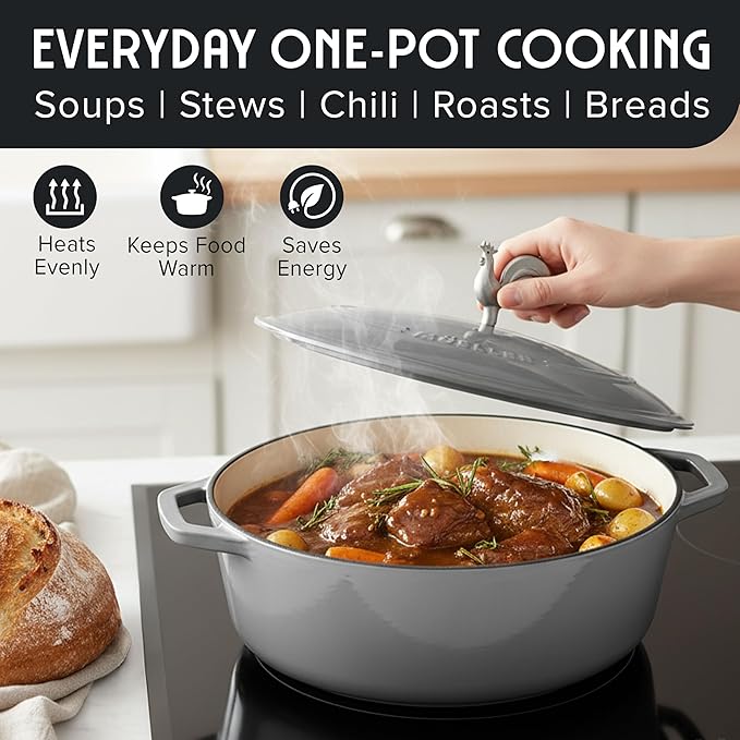 MUELLER HOME 5.5 Quart Enameled Cast Iron Oval Dutch Oven with Rooster Knob & Cotton Potholders, Heavy-Duty Cookware, Oven-Safe up to 500° F & Across All Cooktops, Gifts for Grandma & Women, Gray - Image 6