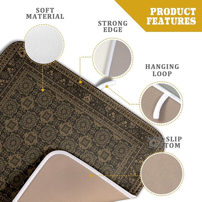 Brown Antique Tabriz Rug Dish Drying Mat for Kitchen Counter,Retro Turkish Vintage Floral Block Print Drying Mat 16 x 18 Inch with Absorbent Reversible Microfiber Drying Pad for Coffee Bar - Image 4