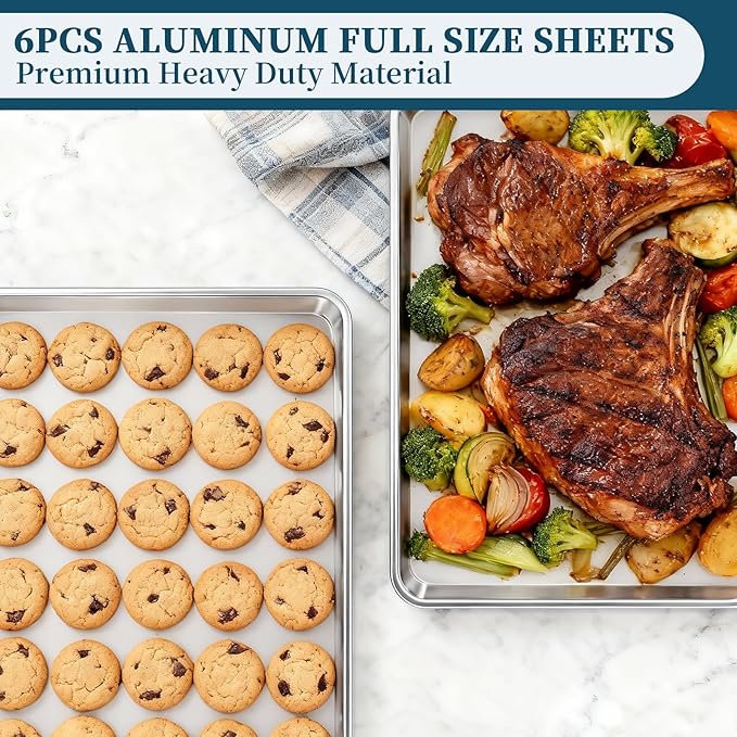 Full Size Commercial Quality Baking Sheet Pan, Bastwe Aluminum Cookie Tray Pan for Oven, Freezer, Bakery, Hotel Restaurant, Thick Steel Rim Prevents Warping (6 Pack, 26 x 18 Inch) - Image 3