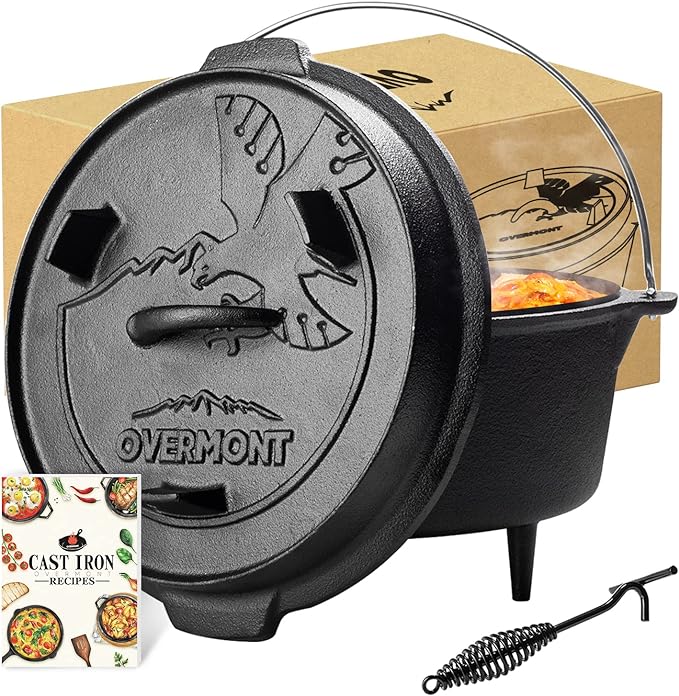 Overmont Camp Dutch Oven Pre Seasoned Cast Iron Lid Also a Skillet Casserole Pot with Lid Lifter for Camping Cooking BBQ Baking 6QT(Pot+Lid) by Overmont
